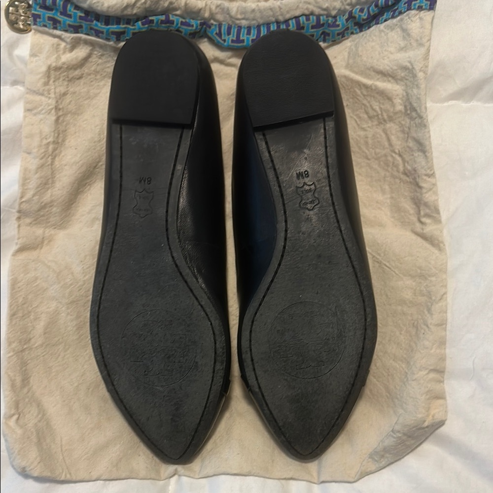 Tory Burch Black Leather Flats with Gold Accent - Picture 2 of 6